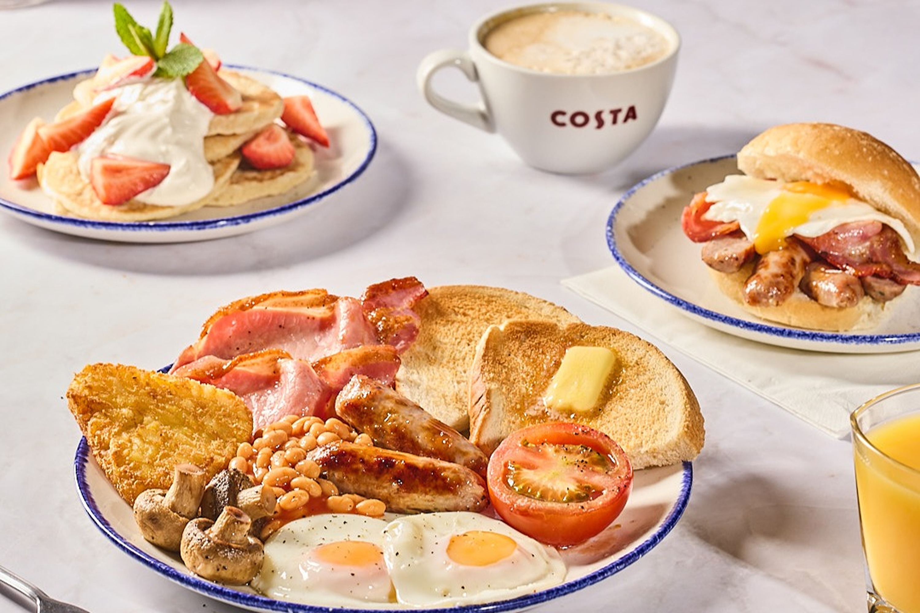Breakfast at Mash and Barrel - Yoghurt and Strawberry Pancakes, Big Breakfast, Big Breakfast roll and Costa coffee