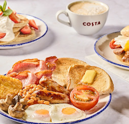 Breakfast at Mash and Barrel - Yoghurt and Strawberry Pancakes, Big Breakfast, Big Breakfast roll and Costa coffee