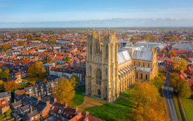 Overhead aerial top-down view of Beverley Minster in East Yorkshire, UK. Shot in Autumn 2019