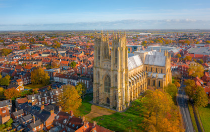 Overhead aerial top-down view of Beverley Minster in East Yorkshire, UK. Shot in Autumn 2019