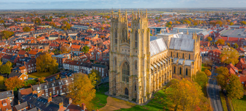 Overhead aerial top-down view of Beverley Minster in East Yorkshire, UK. Shot in Autumn 2019