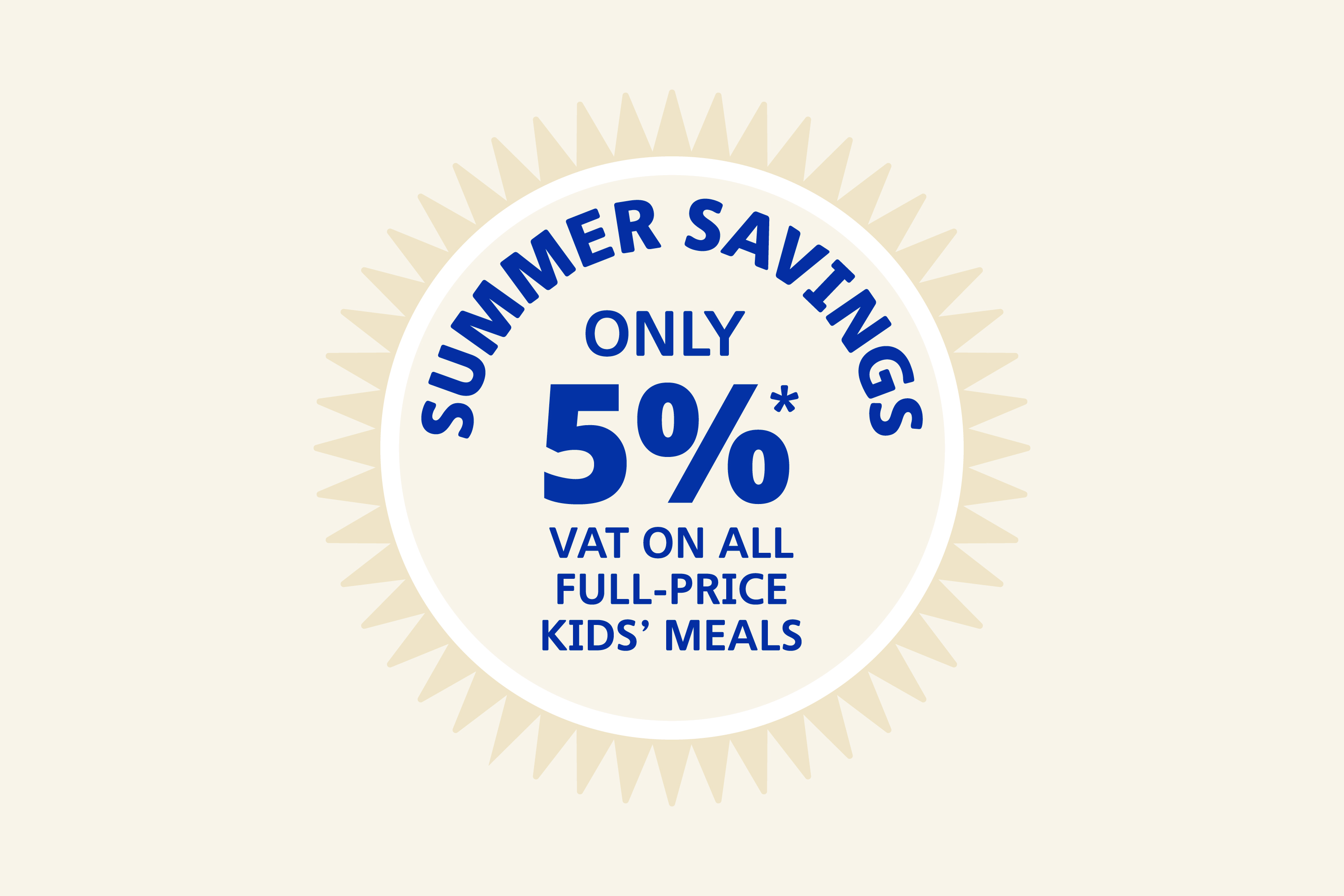 A graphic image outlining a VAT reduction to 5% on all full-price kids' meals.