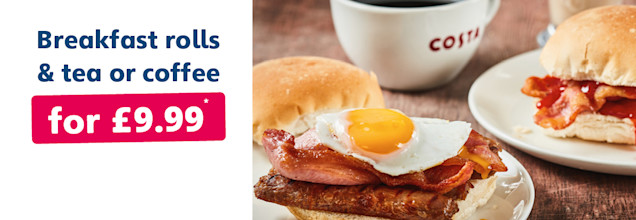 2 breakfast rolls and 2 hot drinks for £9.99