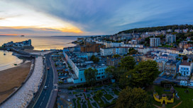 Aerial view of Weston-super-Mare Grand Pier and the seaside town in the North Somerset, England.