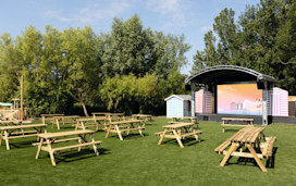 The brilliant new outdoor stage area at Burnham-on-Sea, complete with picnic tables.