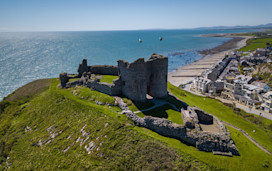 Aerial view of Criccieth Castle, Snowdonia, Wales, UK