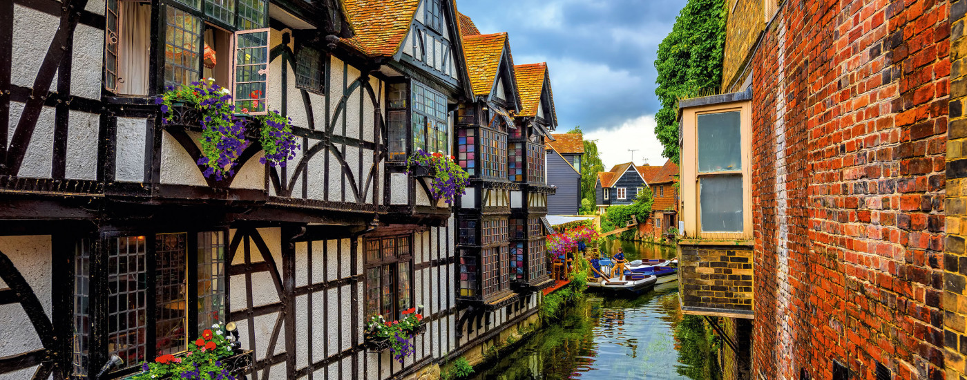 Medieval half-timber houses beside Stour River in Canterbury Old Town