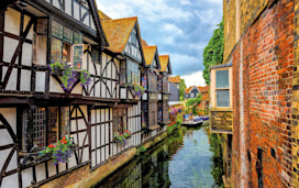 Medieval half-timber houses beside Stour River in Canterbury Old Town