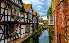 Medieval half-timber houses beside Stour River in Canterbury Old Town