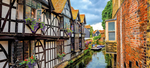 Medieval half-timber houses beside Stour River in Canterbury Old Town