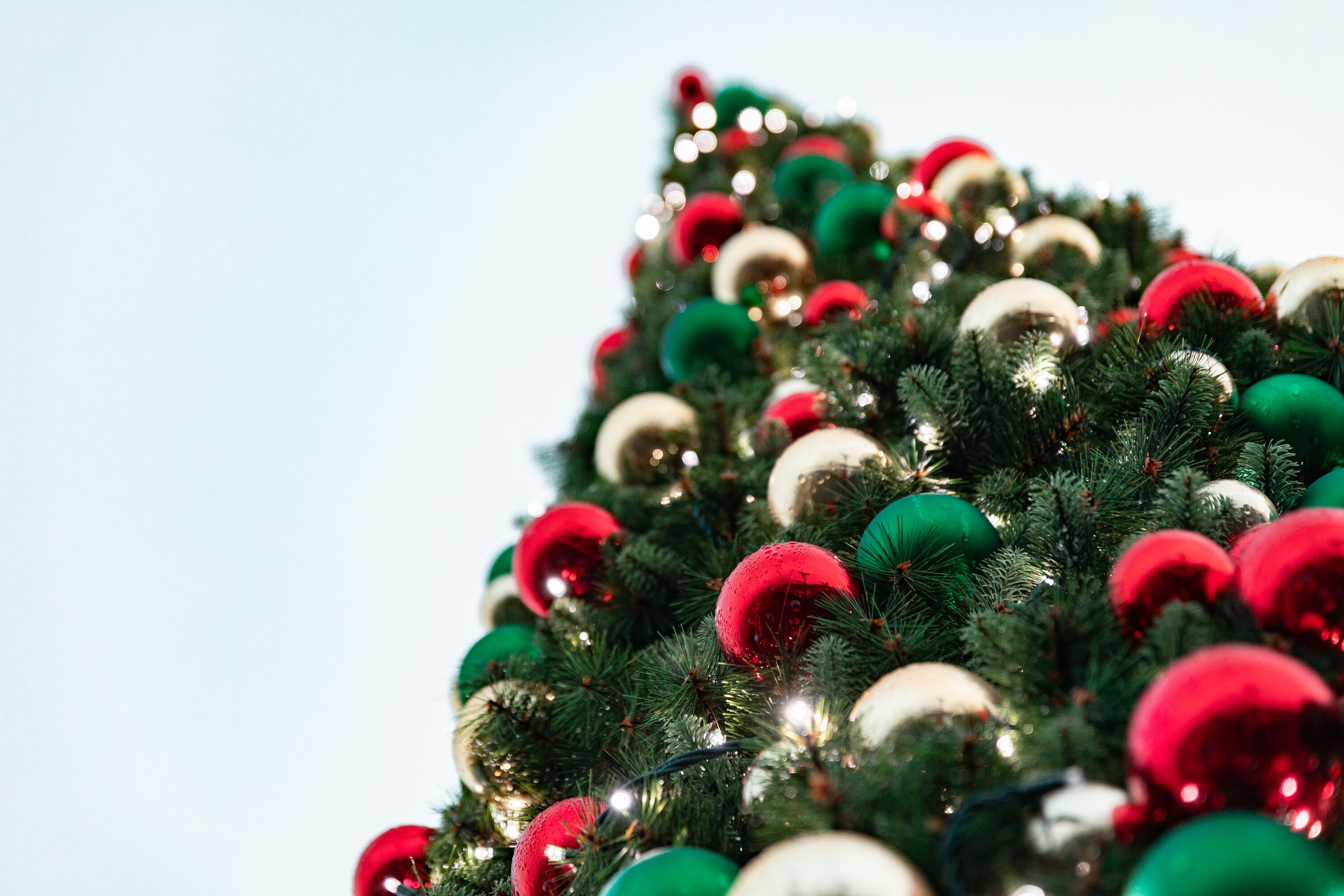 Baubles adorn a festive Christmas tree.