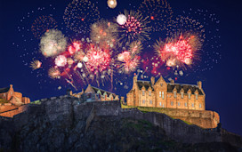 Fireworks in the skies above Edinburgh Castle, Scotland.