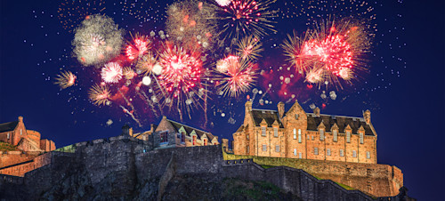 Fireworks in the skies above Edinburgh Castle, Scotland.
