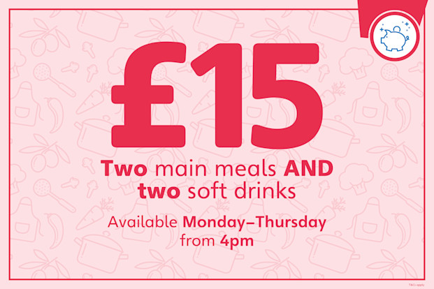 Enjoy two meals and two soft drinks for £15