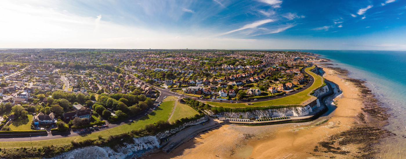 Aerial view of the beach and white cliffs on sunny day, Margate