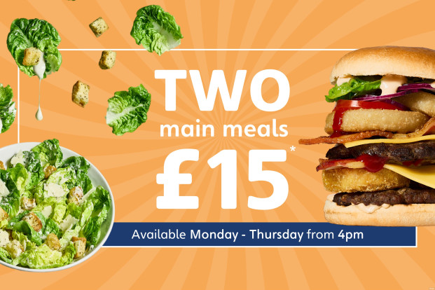 Enjoy two meals and two soft drinks for £15