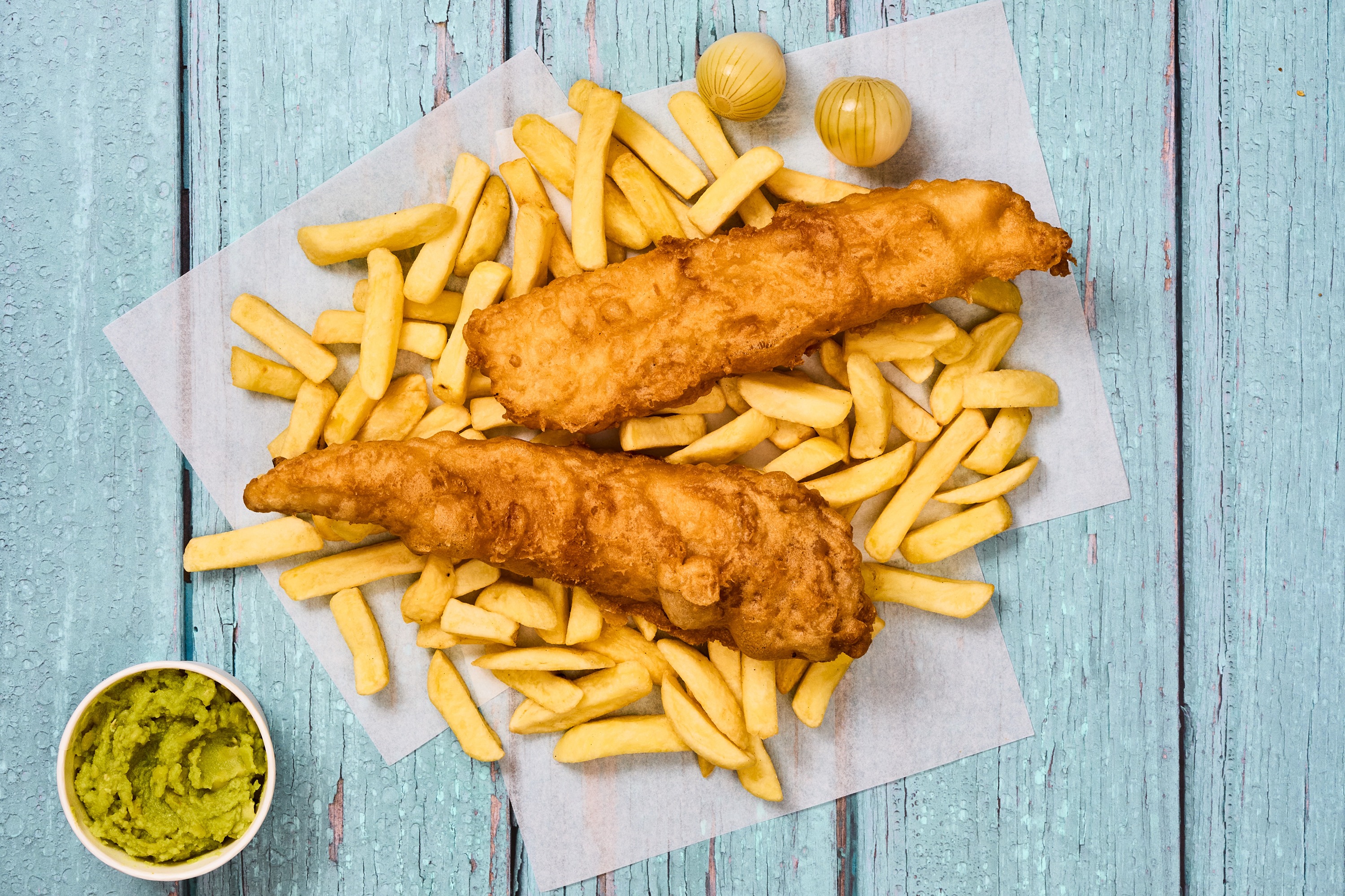 Fish, chips and mushy peas