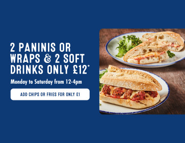 Two paninis and two soft drinks offer