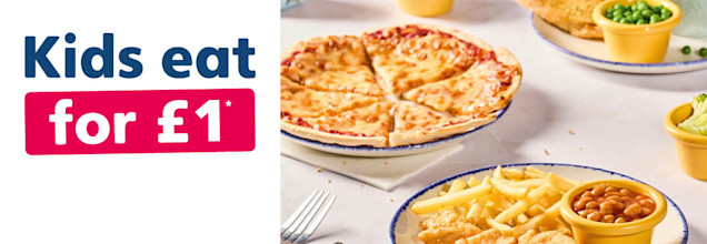 Kids eat for £1 Kids when an adult meal is purchased in the same transaction