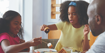 Eating pudding in the restaurant