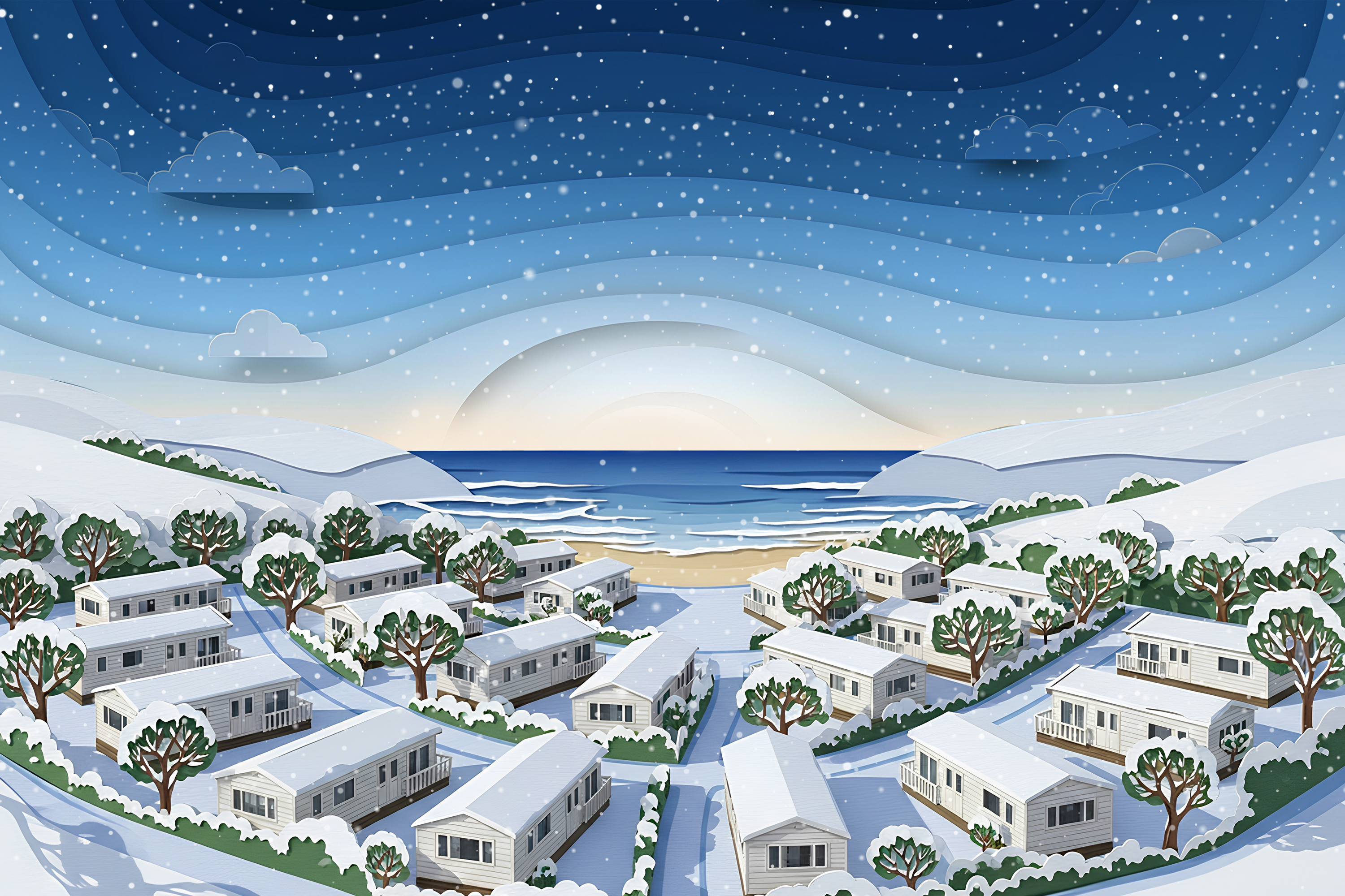 A cut out style graphic shows a wintry scene on a Haven holiday park.