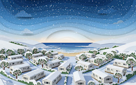 A cut out style graphic shows a wintry scene on a Haven holiday park.