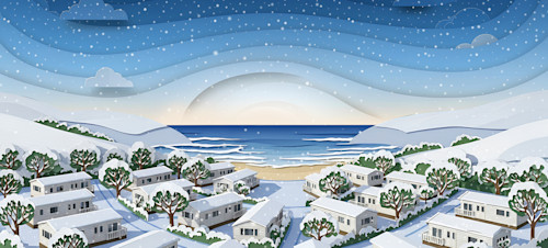 A cut out style graphic shows a wintry scene on a Haven holiday park.