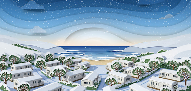 A cut out style graphic shows a wintry scene on a Haven holiday park.
