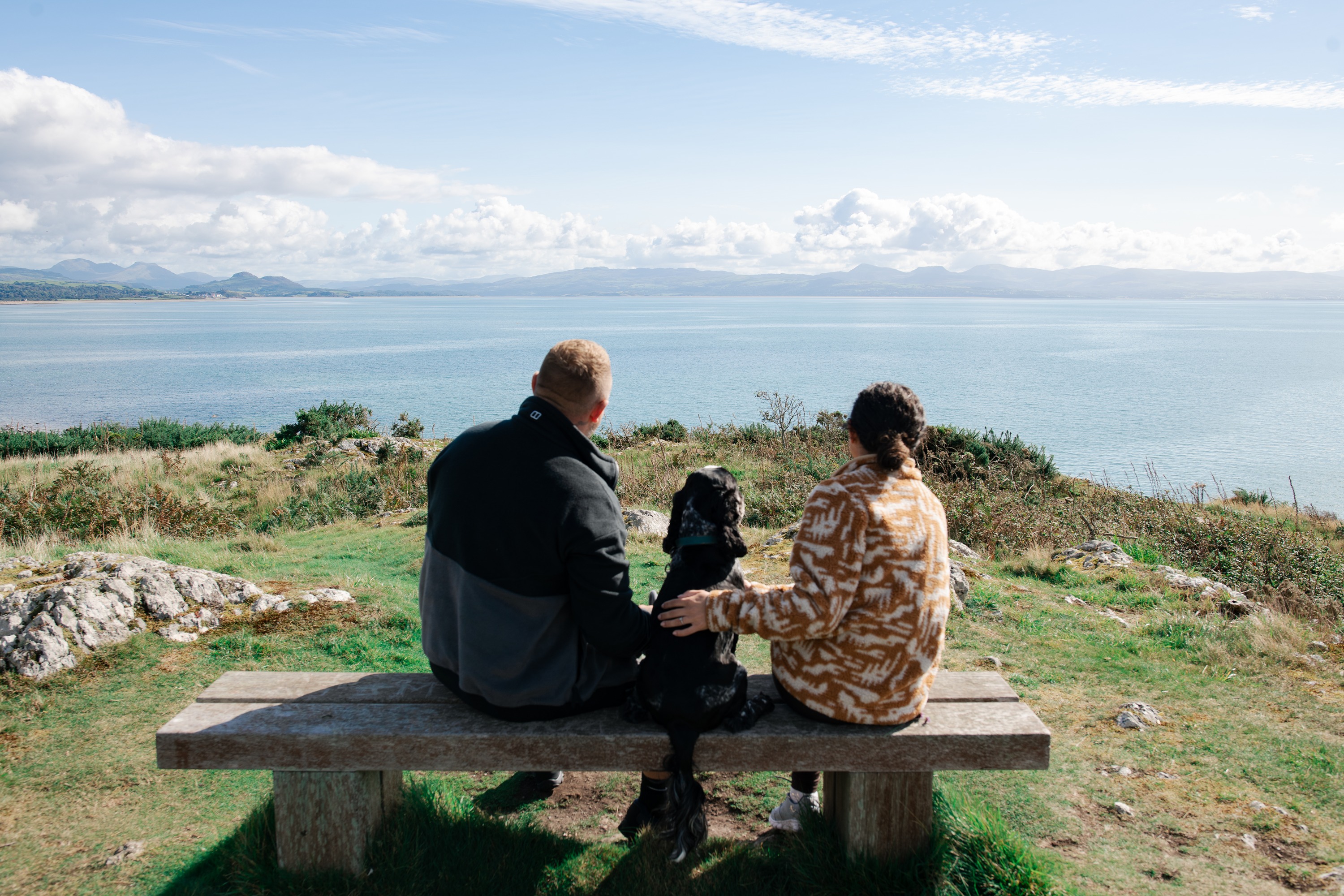 A couple enjoying the sea view with their dog