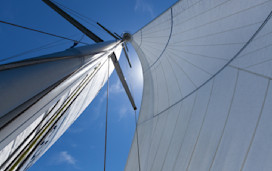 Mast and sails, close up shot from the deck looking up