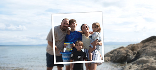 Family posing for a photograph on the beach
