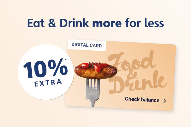 A graphic illustration of the Haven Food and Drink Card which includes a 10% top up on your balance