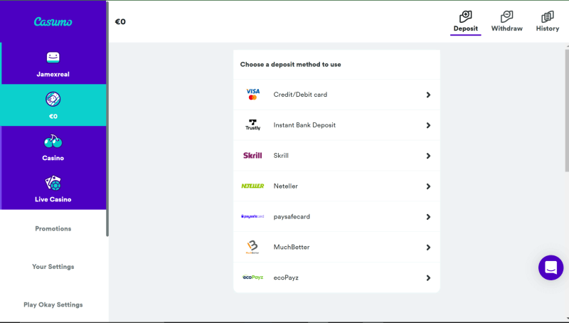 Casumo Deposit Page