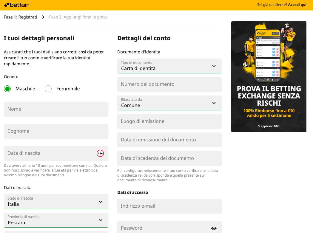 Betfair Registrazione