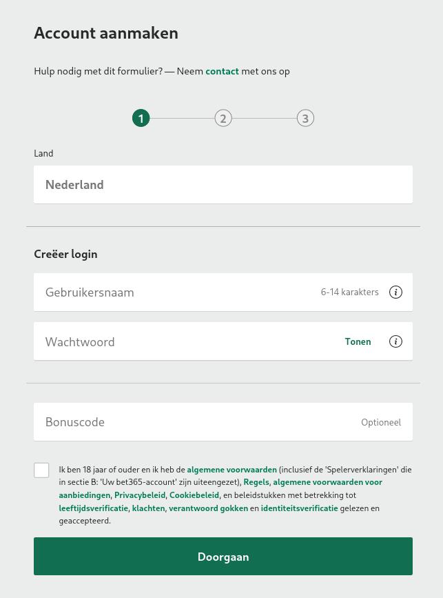 bet365 Screenshot van het registratiescherm