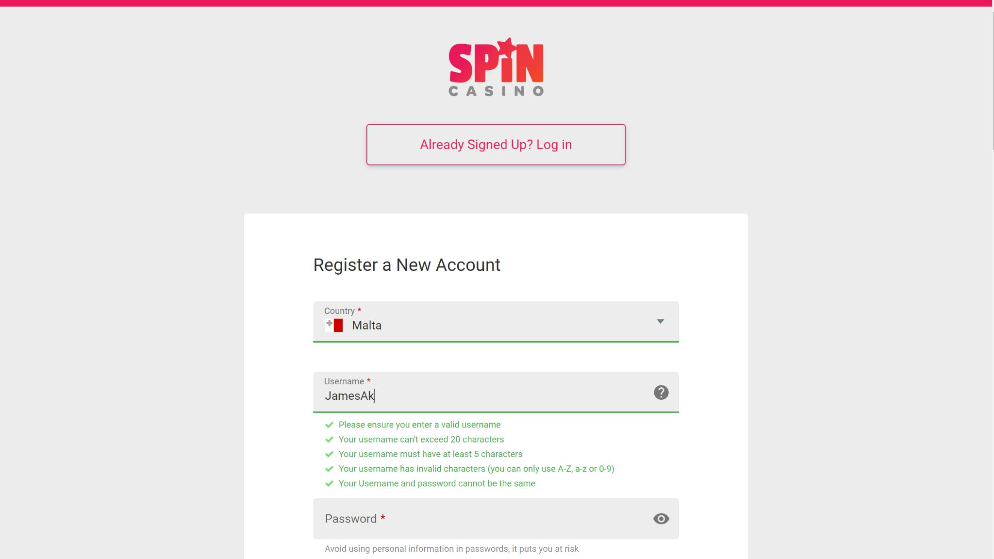 Spin Casino’s Registration Form