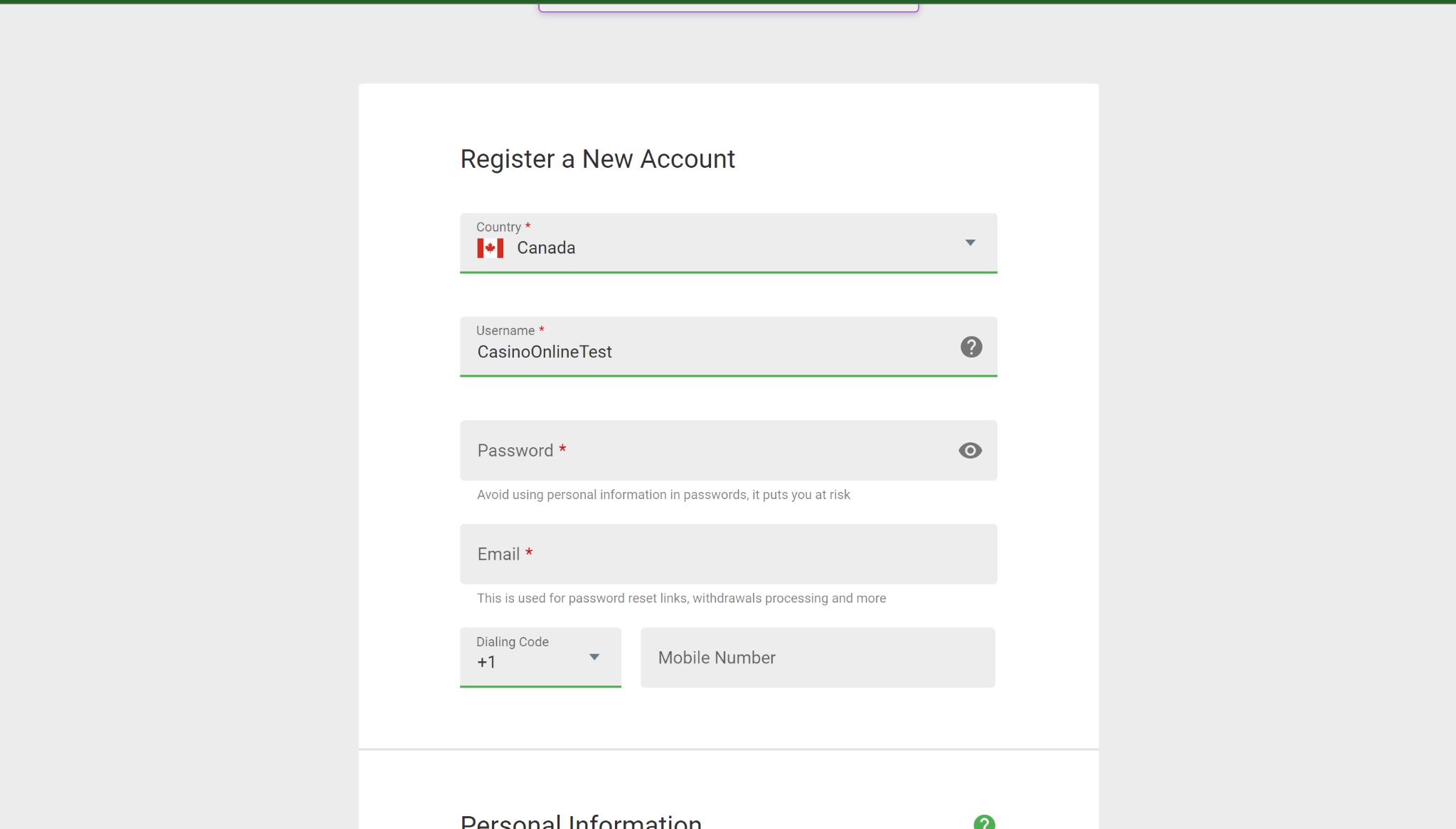 Jackpot City registration form