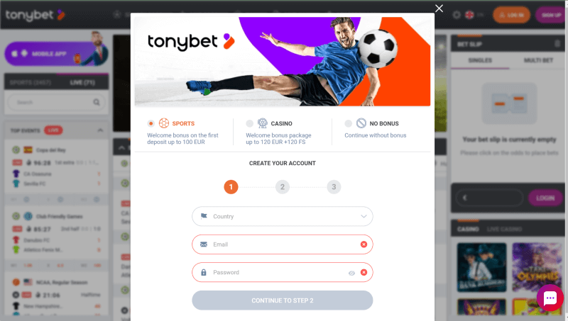 TonyBet Registration Form