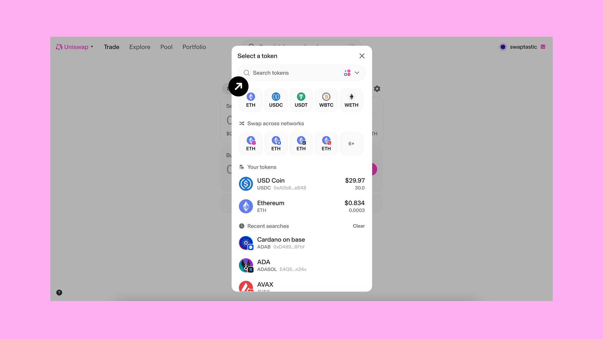 Search tokens while swapping on the Uniswap Web App