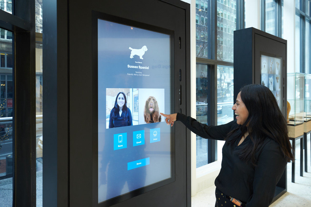 A woman laughing while pointing to an interactive exhibit at the AKC's Museum of Dog