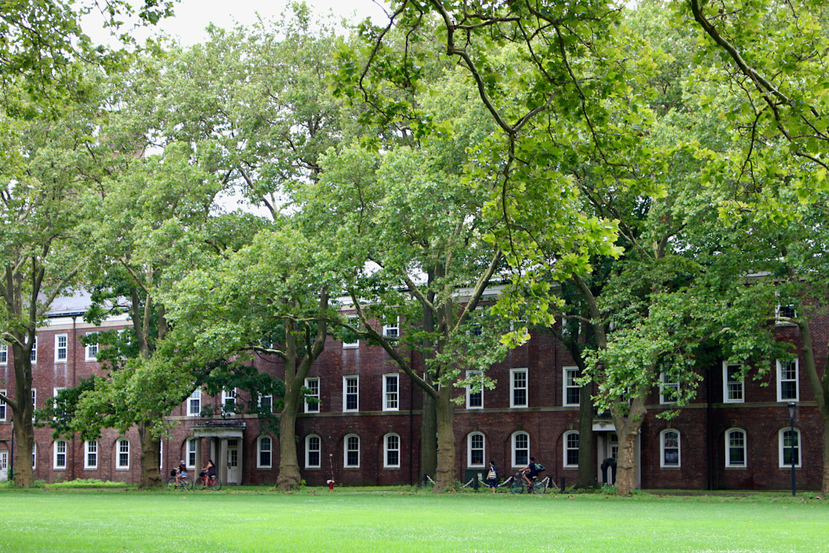 Historical brick buildings and large trees line a lawn