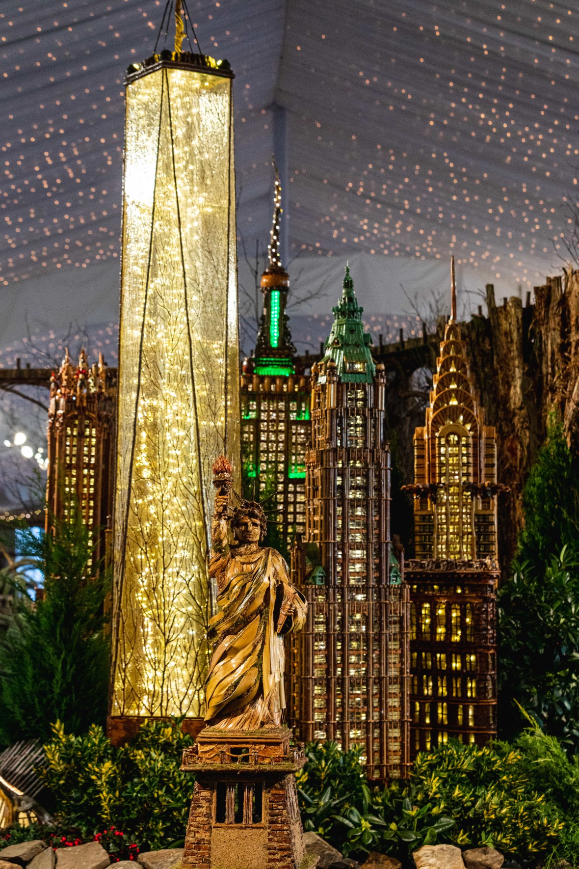 Miniature Statue of Liberty and other famous NYC buildings at NYBG's holiday train show