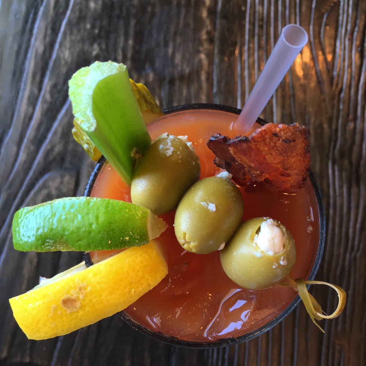 Overhead of Bloody Mary-type cocktail from Little Pub