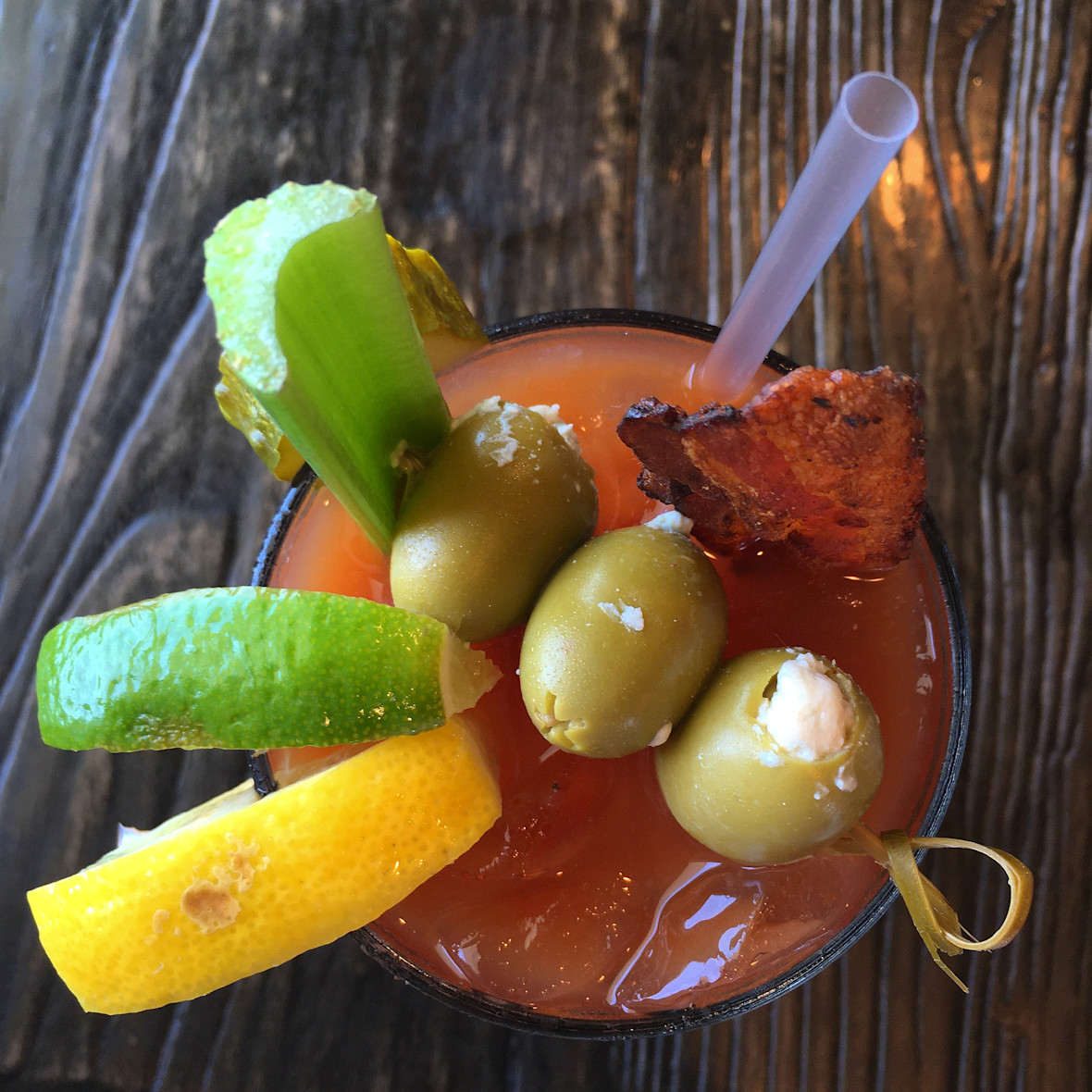 Overhead of Bloody Mary-type cocktail from Little Pub