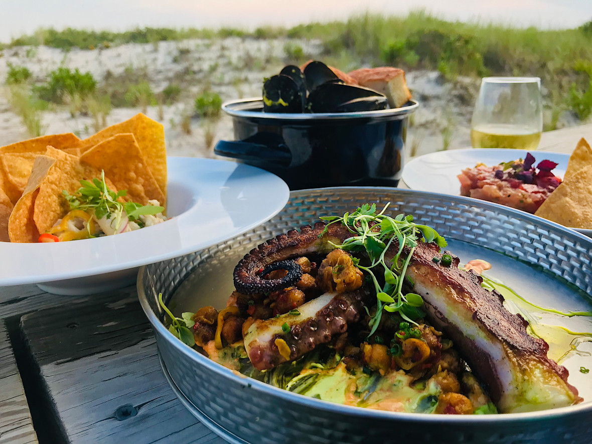 Seafood and wine on the beach at Five Ocean in Long Beach.