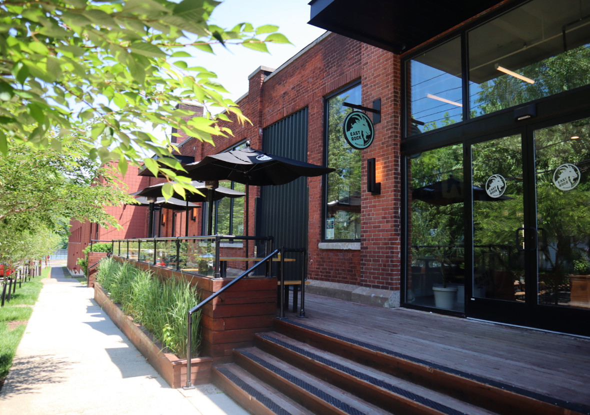 Welcoming exterior deck of East Rock Brewing Company and Beer Hall