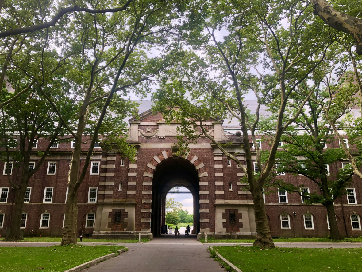 Liggett Hall and its archway on Governors Island
