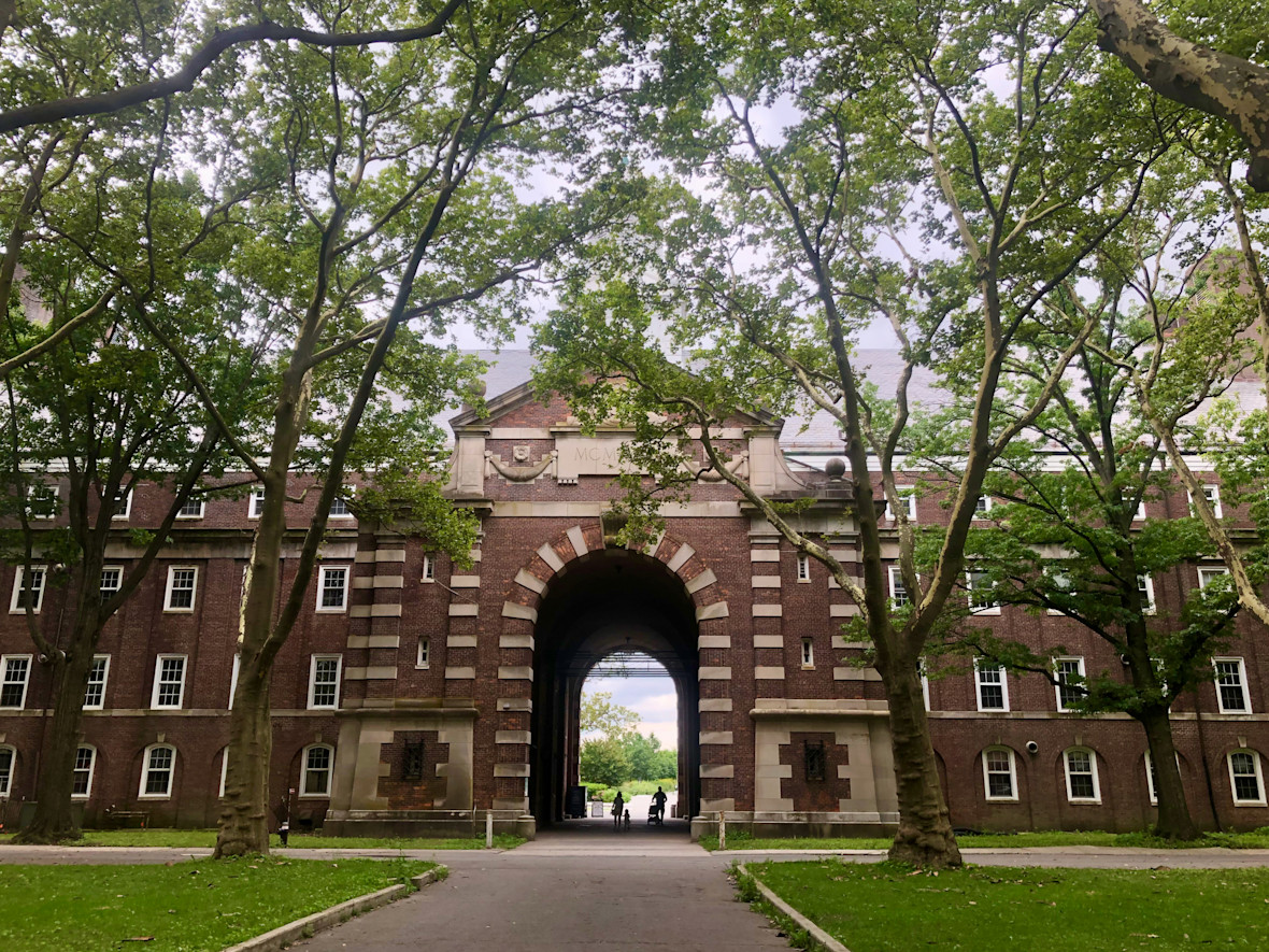 Liggett Hall and its archway on Governors Island