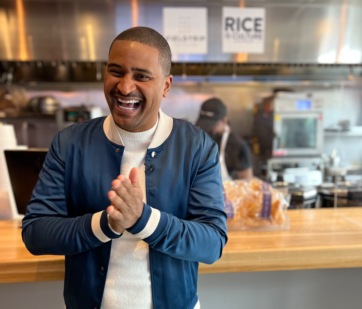 Chef JJ Johnson in his restaurant, Fieldtrip, in Harlem, NYC