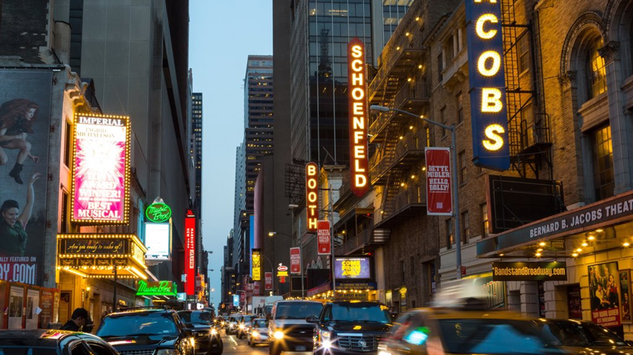 View of the Broadway theaters lining West 45th Street